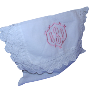 MONOGRAMMED LINEN CROCHET EDGE LINGERIE PURSE